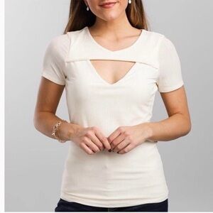 NEW Buckle top cream ribbed short sleeve cutout lined Sz S